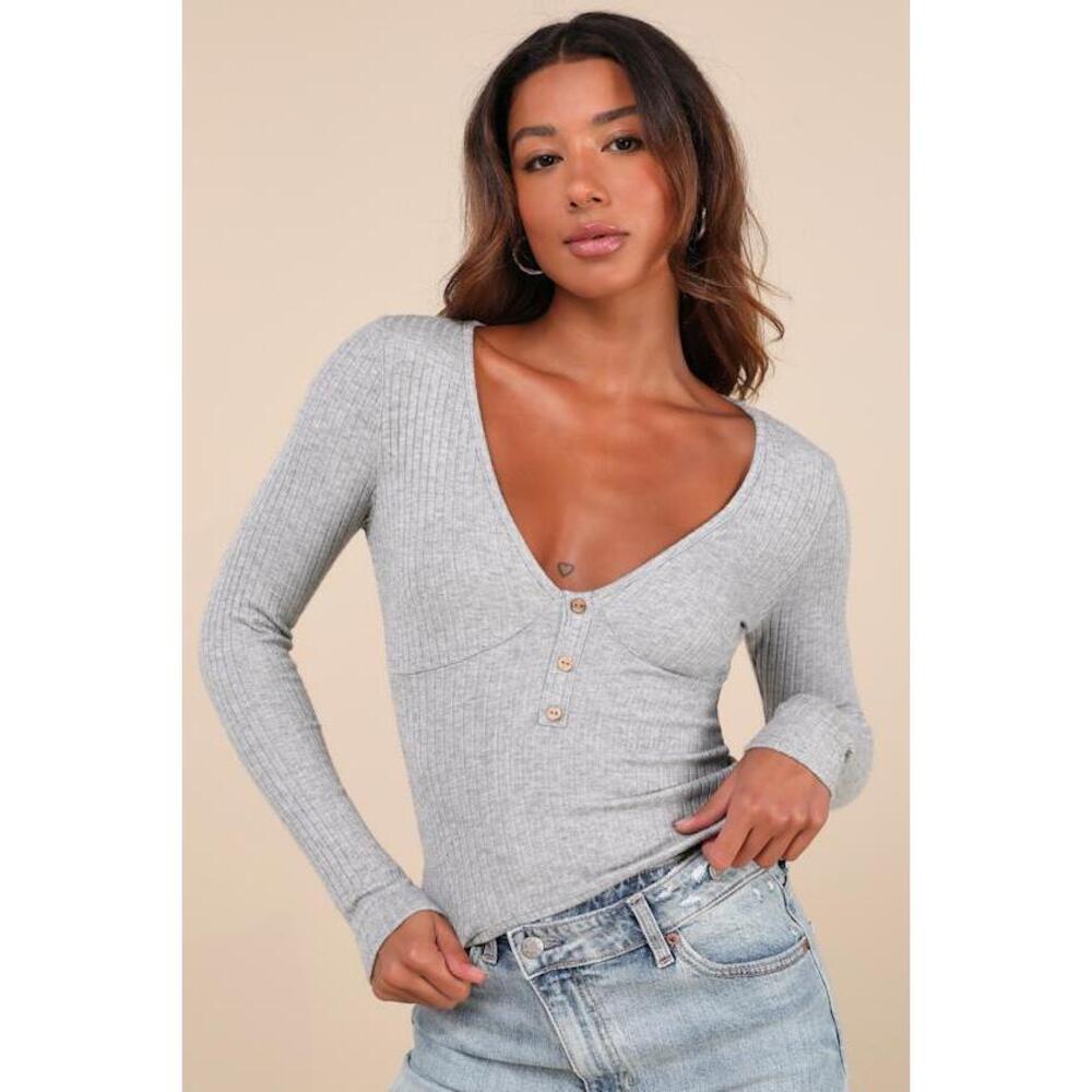 Lulus Wintery Aesthetic Heather Grey Ribbed Long Sleeve Henley Top - Size S